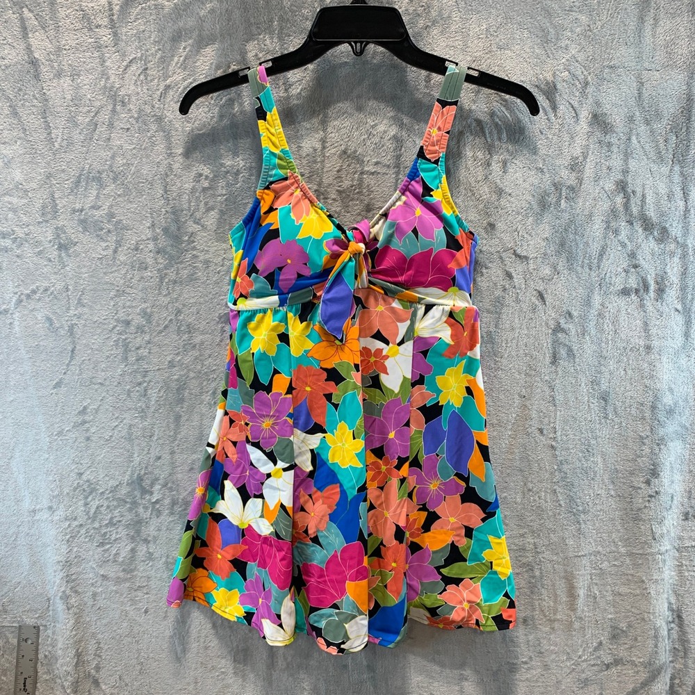 Macys Floral Tie Front Swim Dress Multicolor One Piece Swimsuit 8 60200106